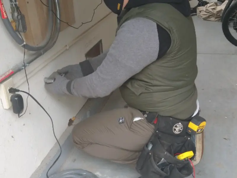 Electrician performing outlet wiring in a Riverhead garage